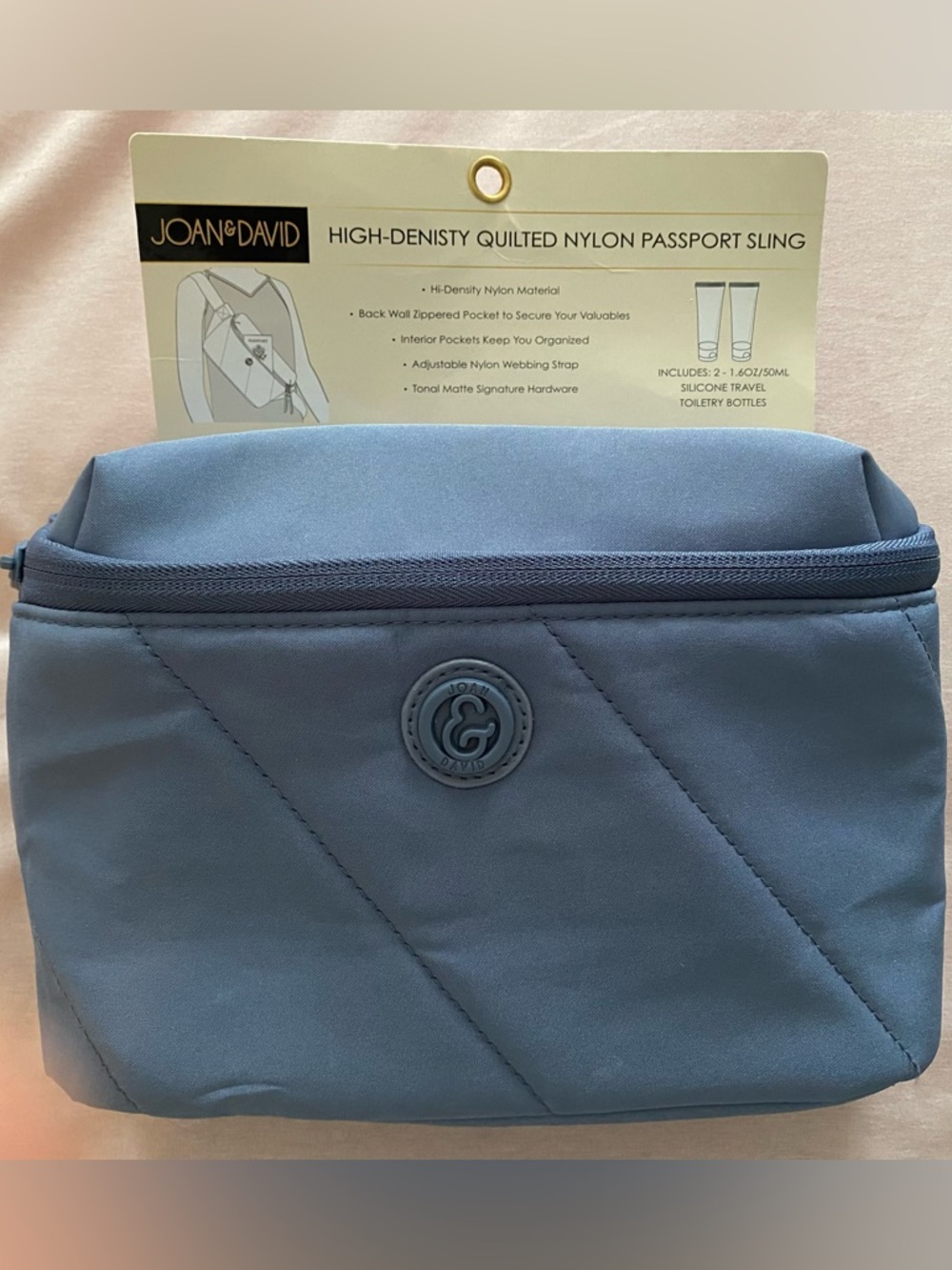 Joan & David Quilted Nylon Passport Sling in Denim Blue